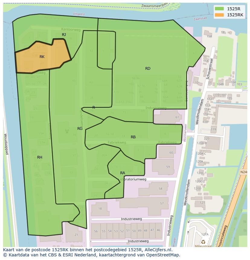 Afbeelding van het postcodegebied 1525 RK op de kaart.