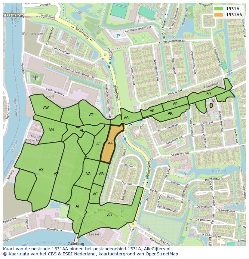 Afbeelding van het postcodegebied 1531 AA op de kaart.