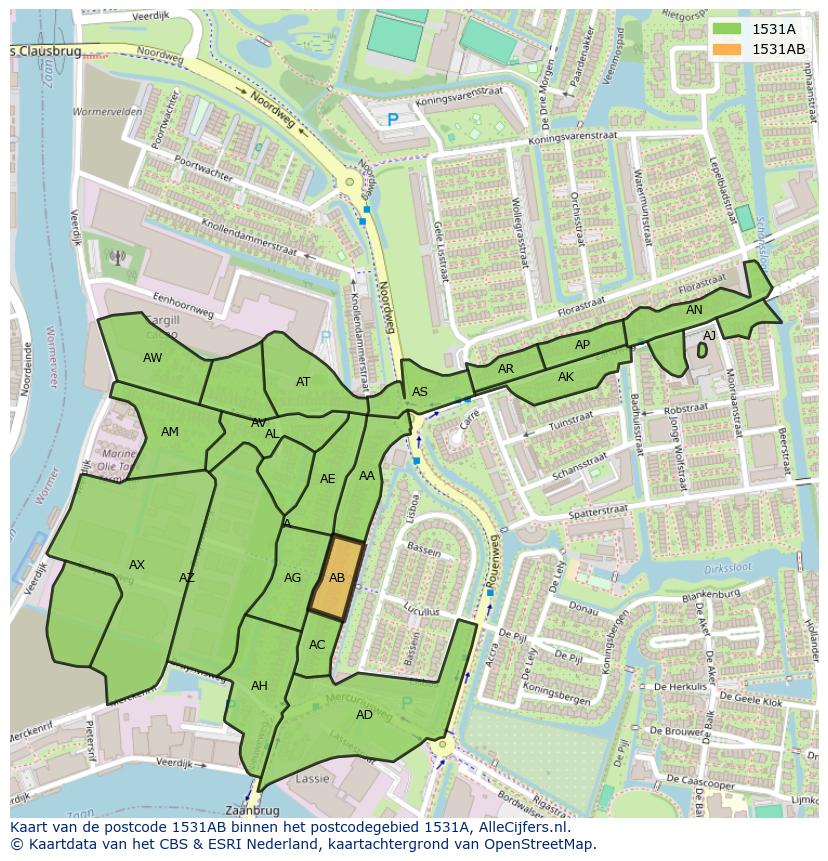 Afbeelding van het postcodegebied 1531 AB op de kaart.
