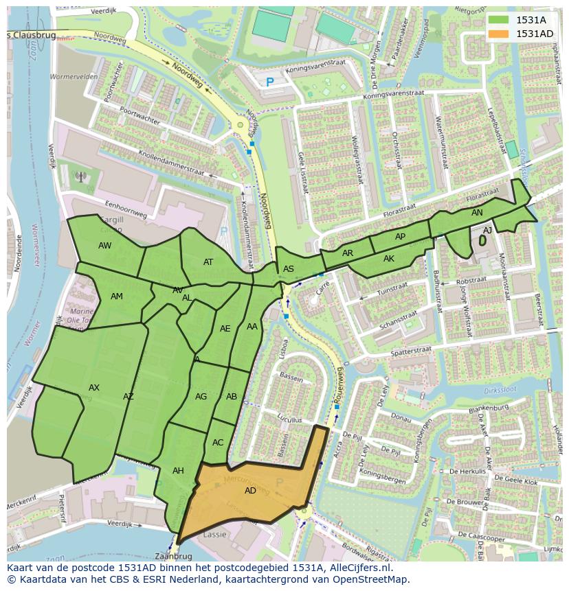 Afbeelding van het postcodegebied 1531 AD op de kaart.