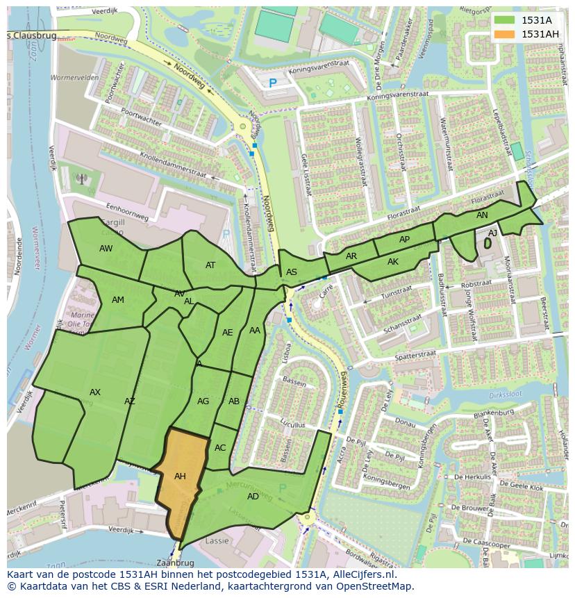 Afbeelding van het postcodegebied 1531 AH op de kaart.