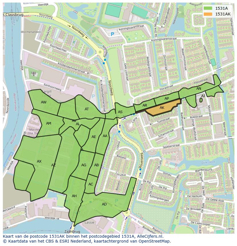 Afbeelding van het postcodegebied 1531 AK op de kaart.