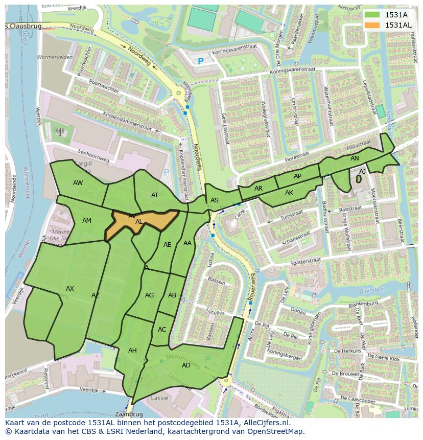 Afbeelding van het postcodegebied 1531 AL op de kaart.