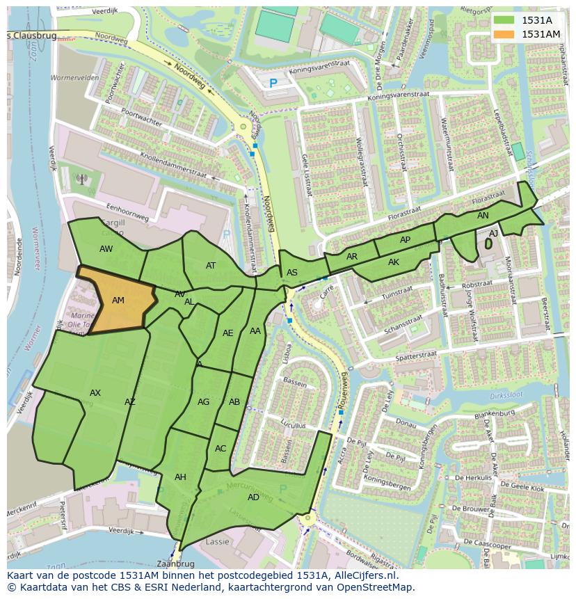 Afbeelding van het postcodegebied 1531 AM op de kaart.