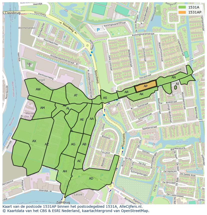 Afbeelding van het postcodegebied 1531 AP op de kaart.