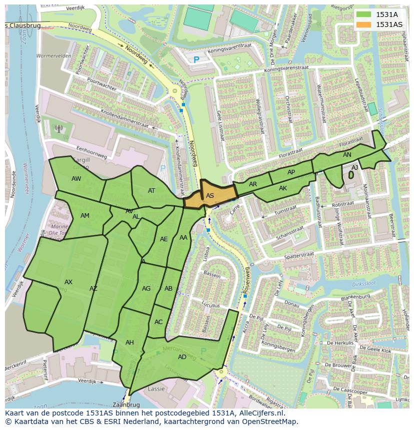 Afbeelding van het postcodegebied 1531 AS op de kaart.