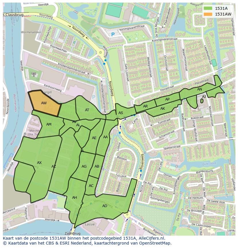 Afbeelding van het postcodegebied 1531 AW op de kaart.