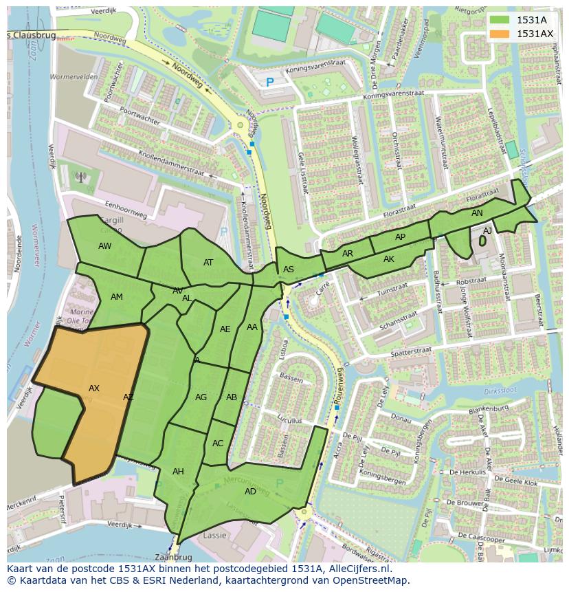 Afbeelding van het postcodegebied 1531 AX op de kaart.