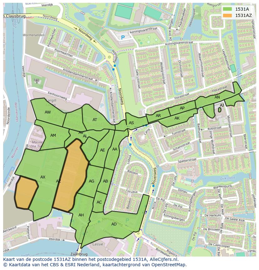 Afbeelding van het postcodegebied 1531 AZ op de kaart.