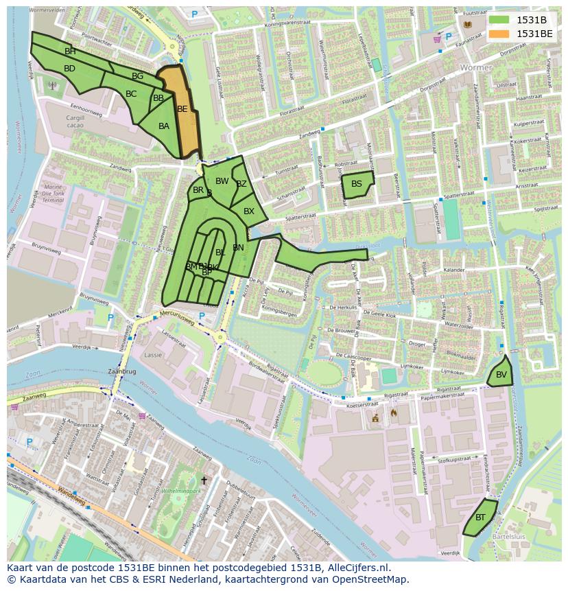 Afbeelding van het postcodegebied 1531 BE op de kaart.