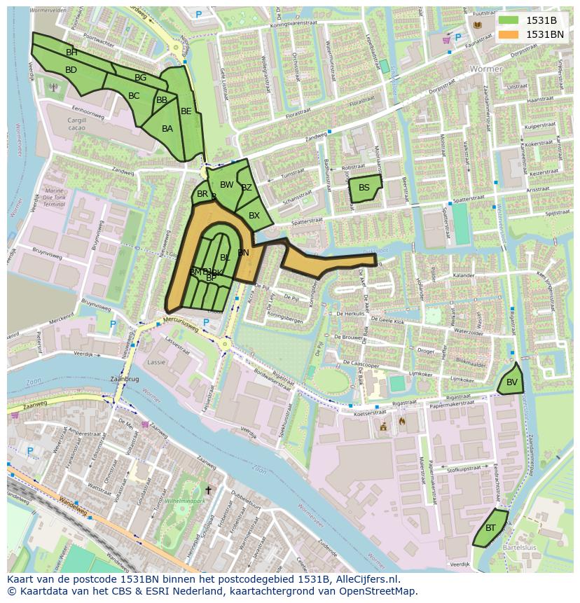 Afbeelding van het postcodegebied 1531 BN op de kaart.