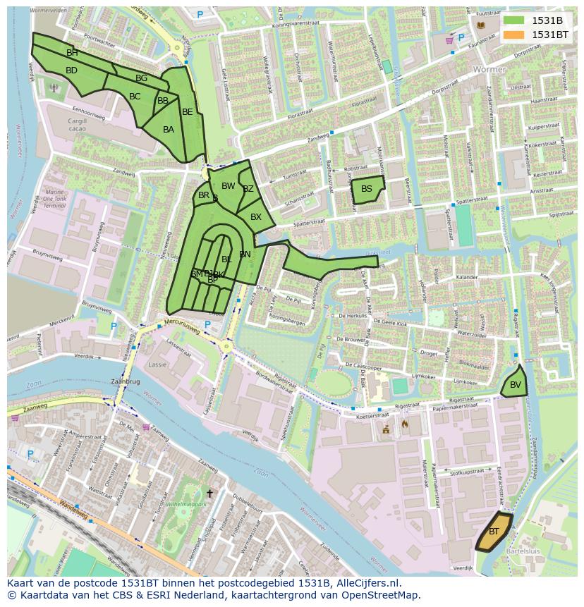 Afbeelding van het postcodegebied 1531 BT op de kaart.