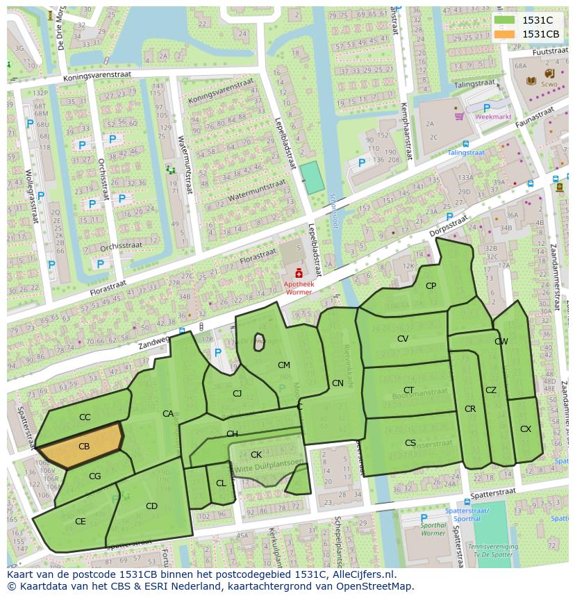 Afbeelding van het postcodegebied 1531 CB op de kaart.