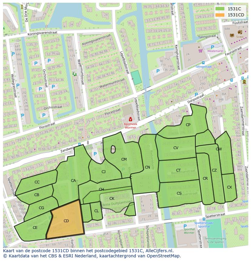 Afbeelding van het postcodegebied 1531 CD op de kaart.