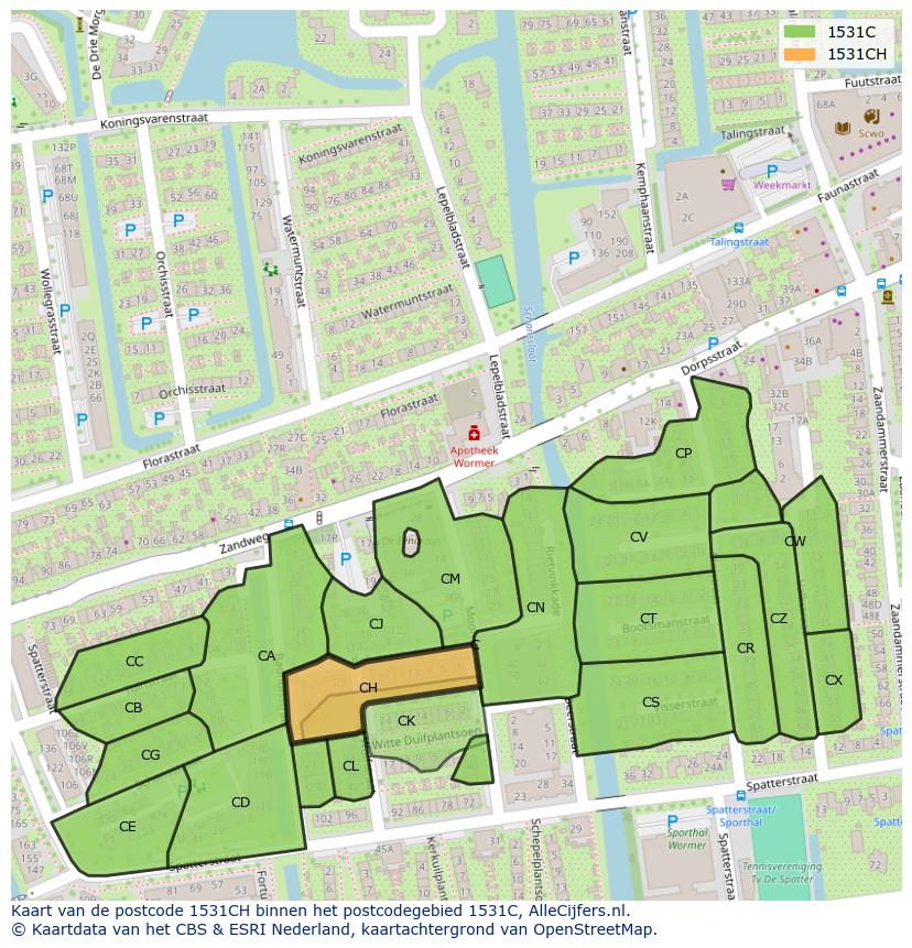 Afbeelding van het postcodegebied 1531 CH op de kaart.
