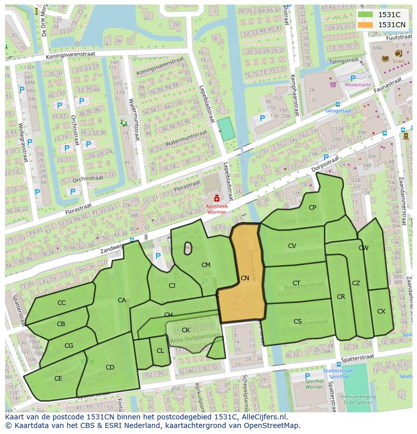 Afbeelding van het postcodegebied 1531 CN op de kaart.