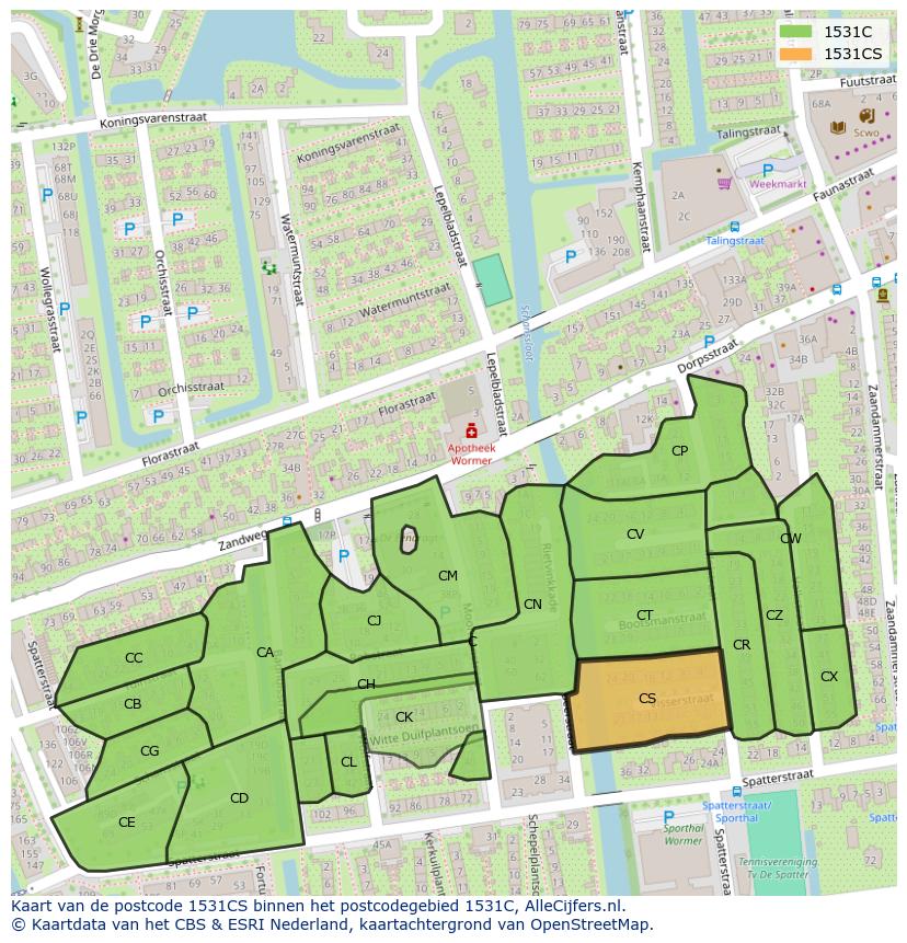 Afbeelding van het postcodegebied 1531 CS op de kaart.