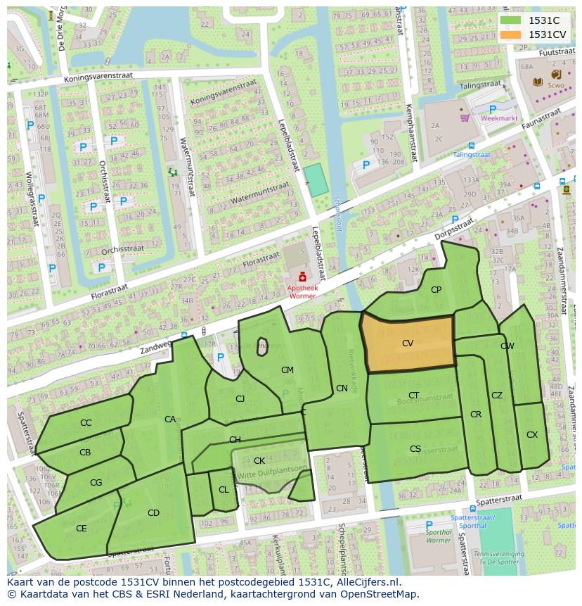 Afbeelding van het postcodegebied 1531 CV op de kaart.