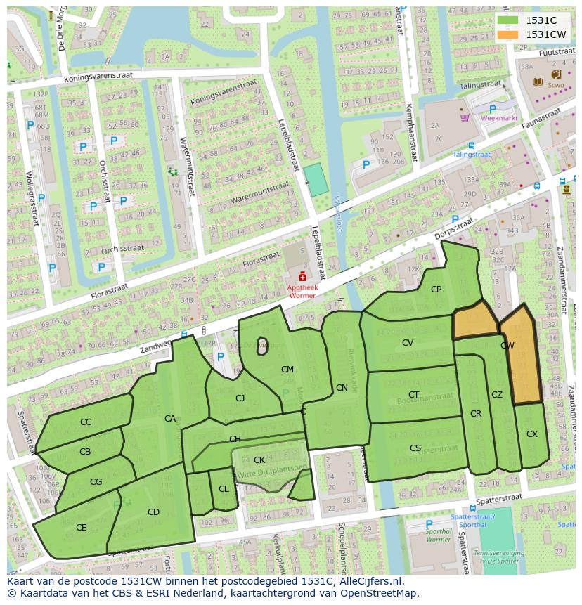 Afbeelding van het postcodegebied 1531 CW op de kaart.