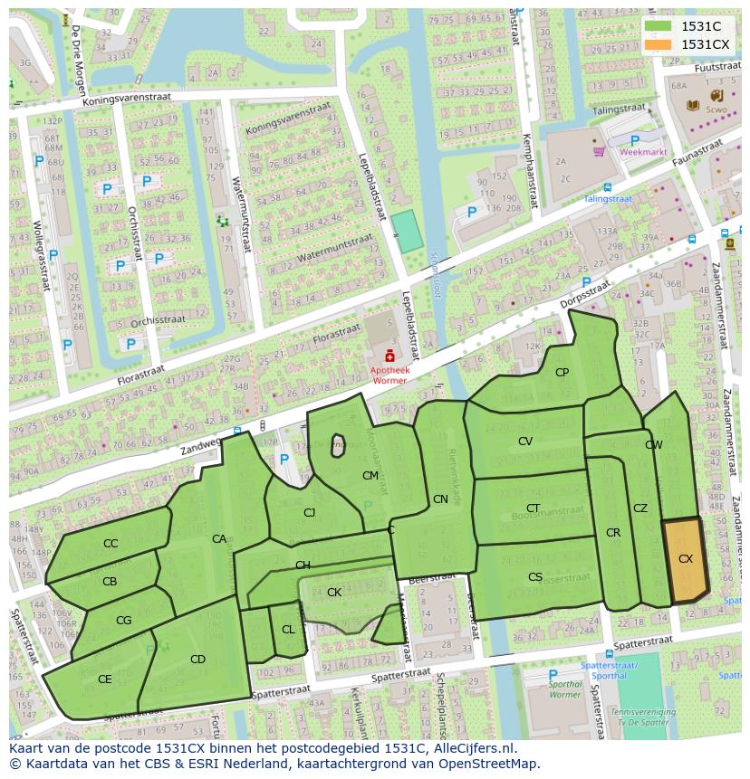 Afbeelding van het postcodegebied 1531 CX op de kaart.