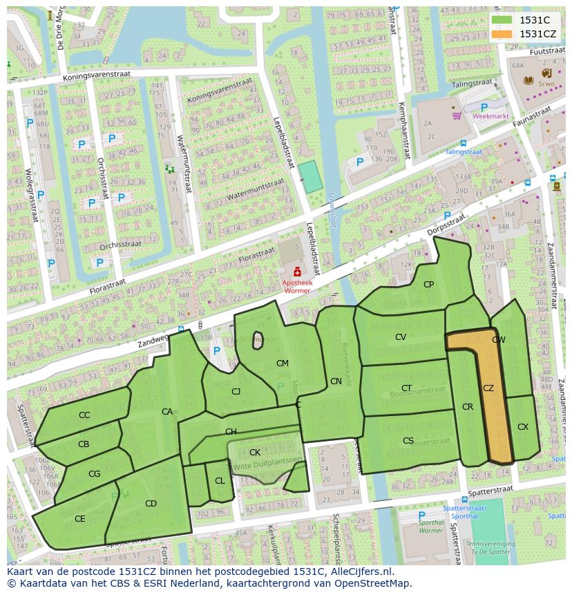 Afbeelding van het postcodegebied 1531 CZ op de kaart.