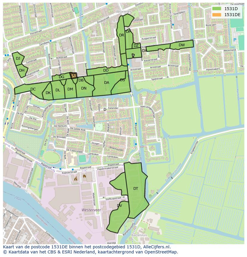 Afbeelding van het postcodegebied 1531 DE op de kaart.