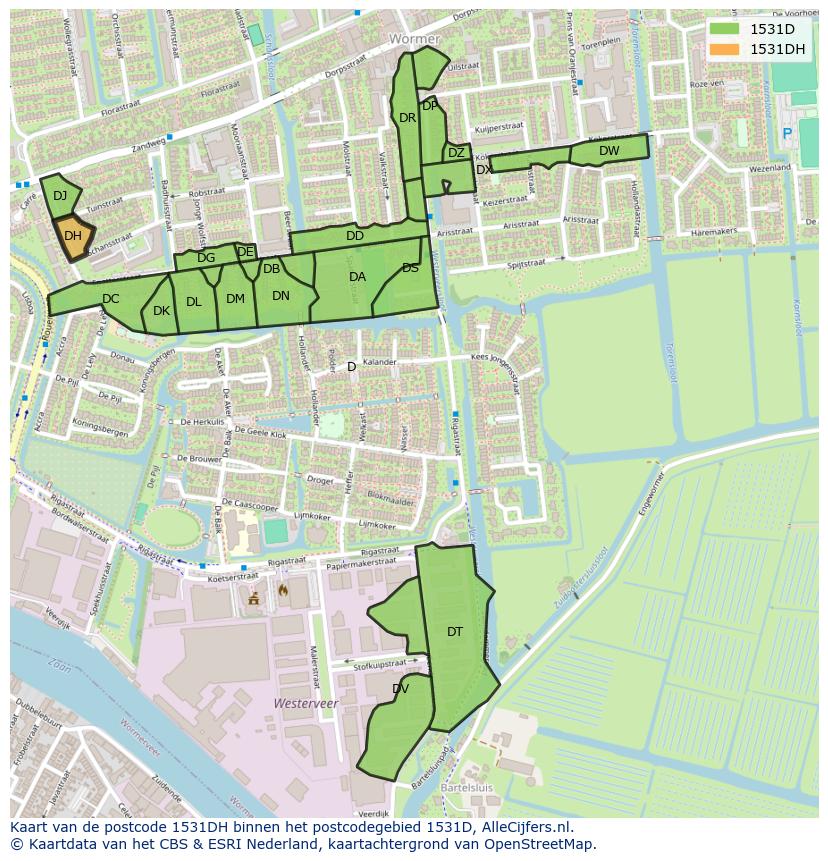 Afbeelding van het postcodegebied 1531 DH op de kaart.
