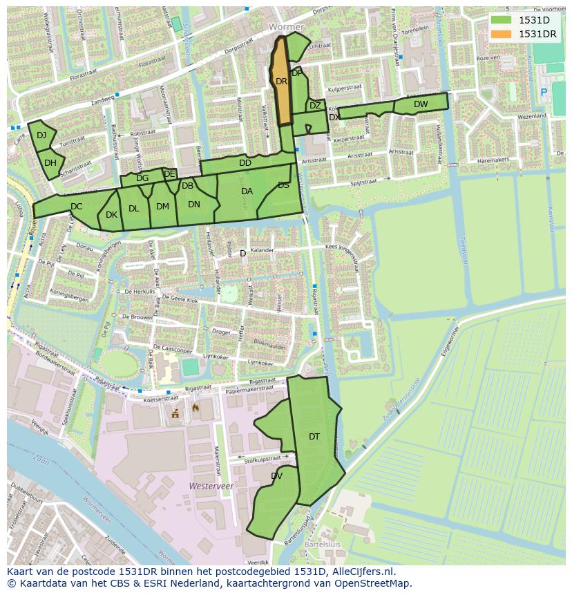 Afbeelding van het postcodegebied 1531 DR op de kaart.