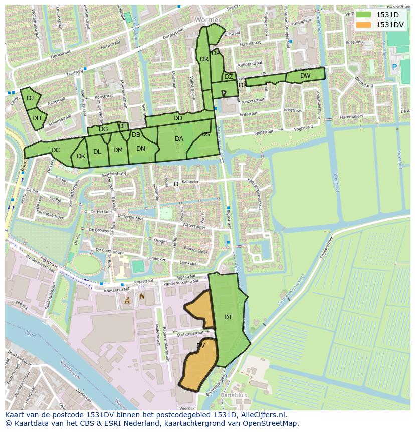 Afbeelding van het postcodegebied 1531 DV op de kaart.