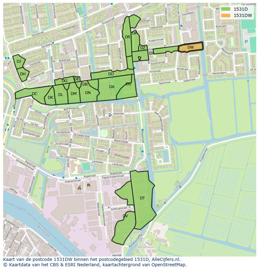 Afbeelding van het postcodegebied 1531 DW op de kaart.