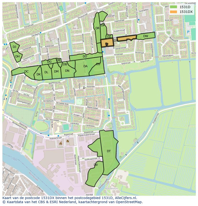 Afbeelding van het postcodegebied 1531 DX op de kaart.