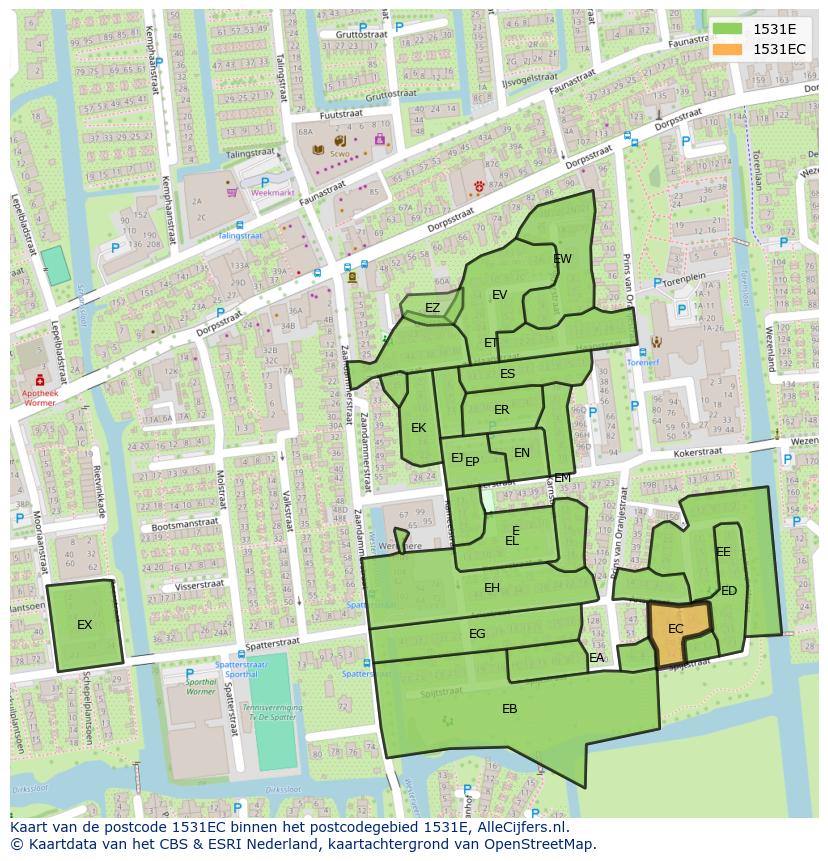 Afbeelding van het postcodegebied 1531 EC op de kaart.