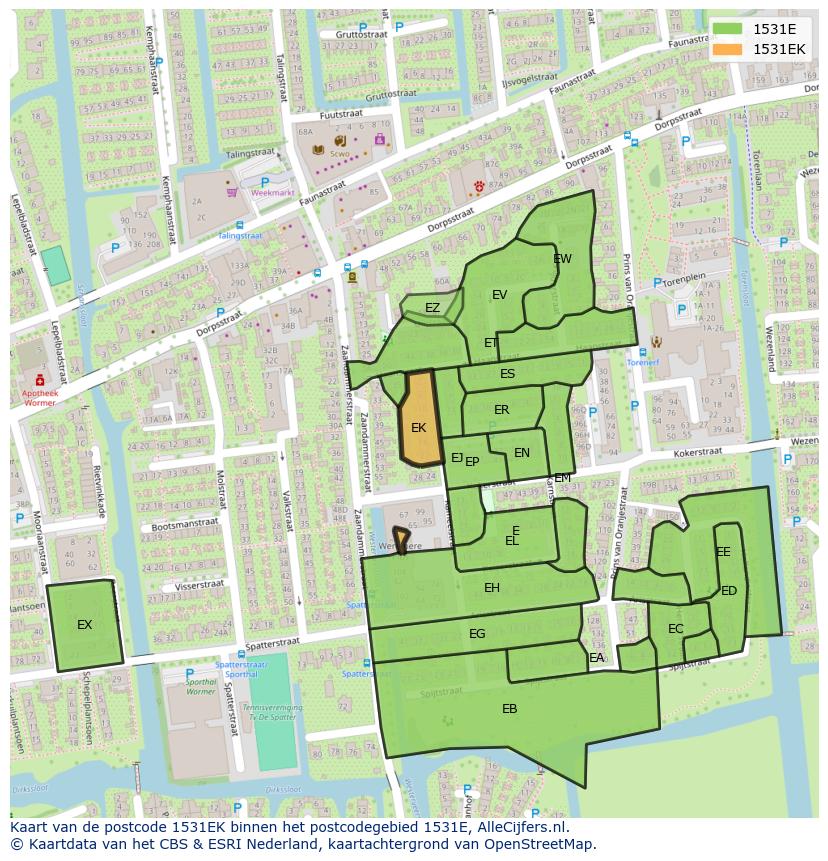 Afbeelding van het postcodegebied 1531 EK op de kaart.