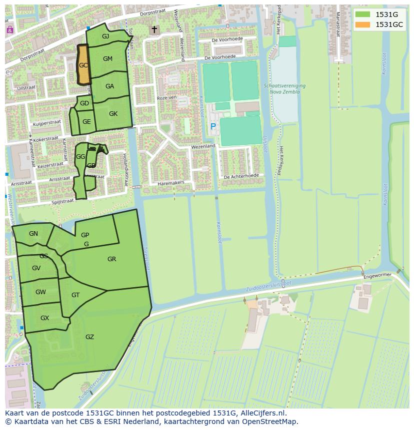 Afbeelding van het postcodegebied 1531 GC op de kaart.