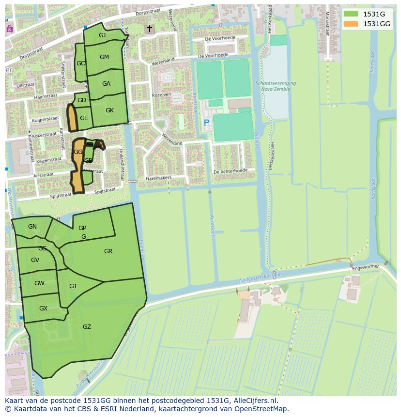 Afbeelding van het postcodegebied 1531 GG op de kaart.