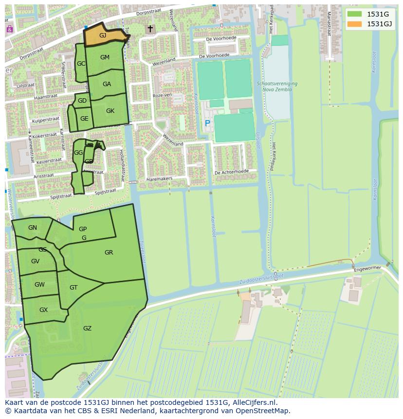 Afbeelding van het postcodegebied 1531 GJ op de kaart.