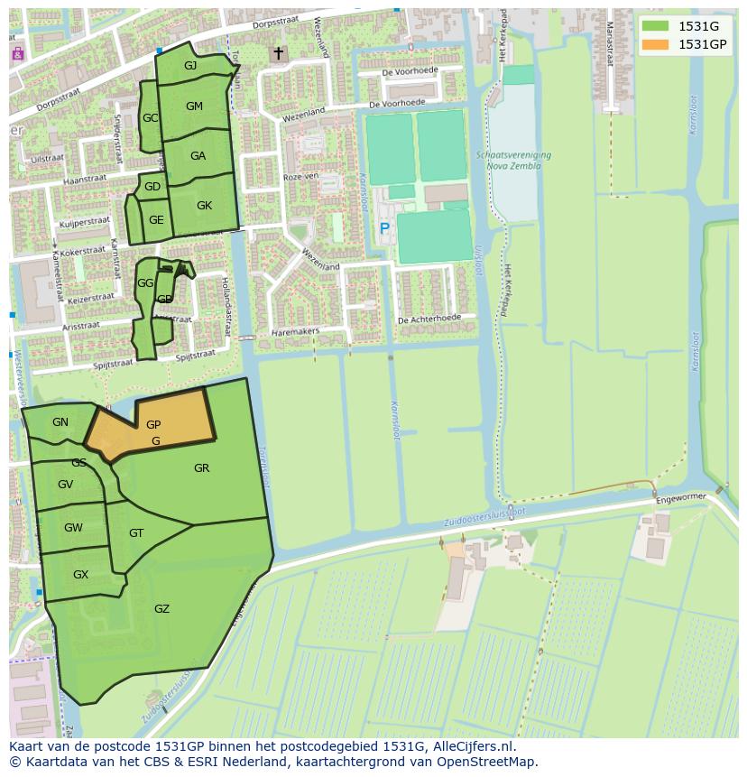 Afbeelding van het postcodegebied 1531 GP op de kaart.
