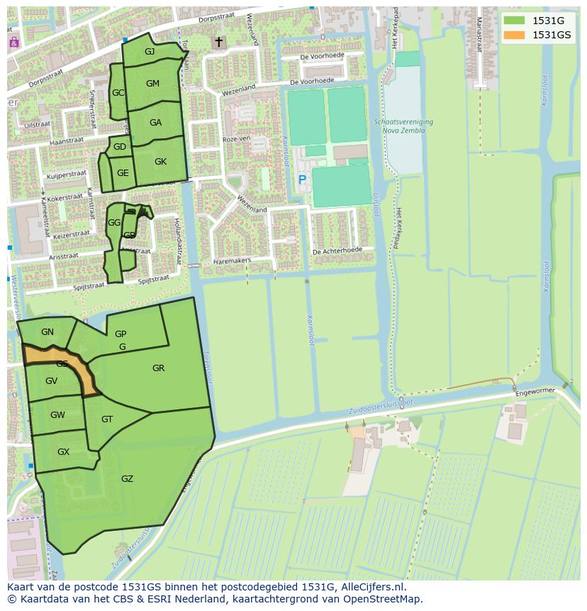 Afbeelding van het postcodegebied 1531 GS op de kaart.