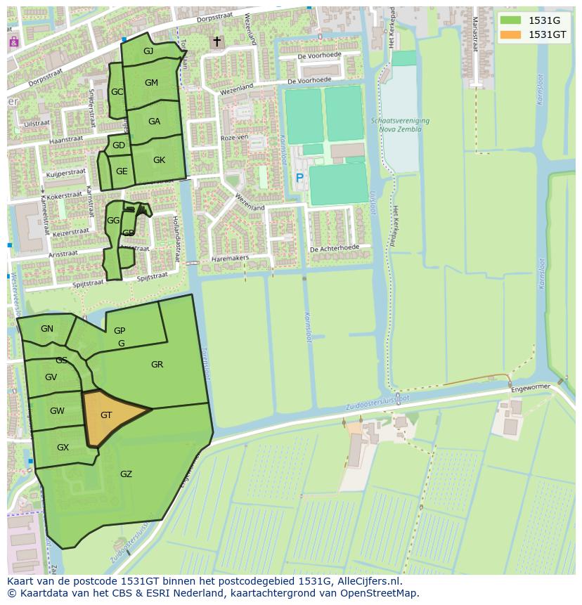 Afbeelding van het postcodegebied 1531 GT op de kaart.
