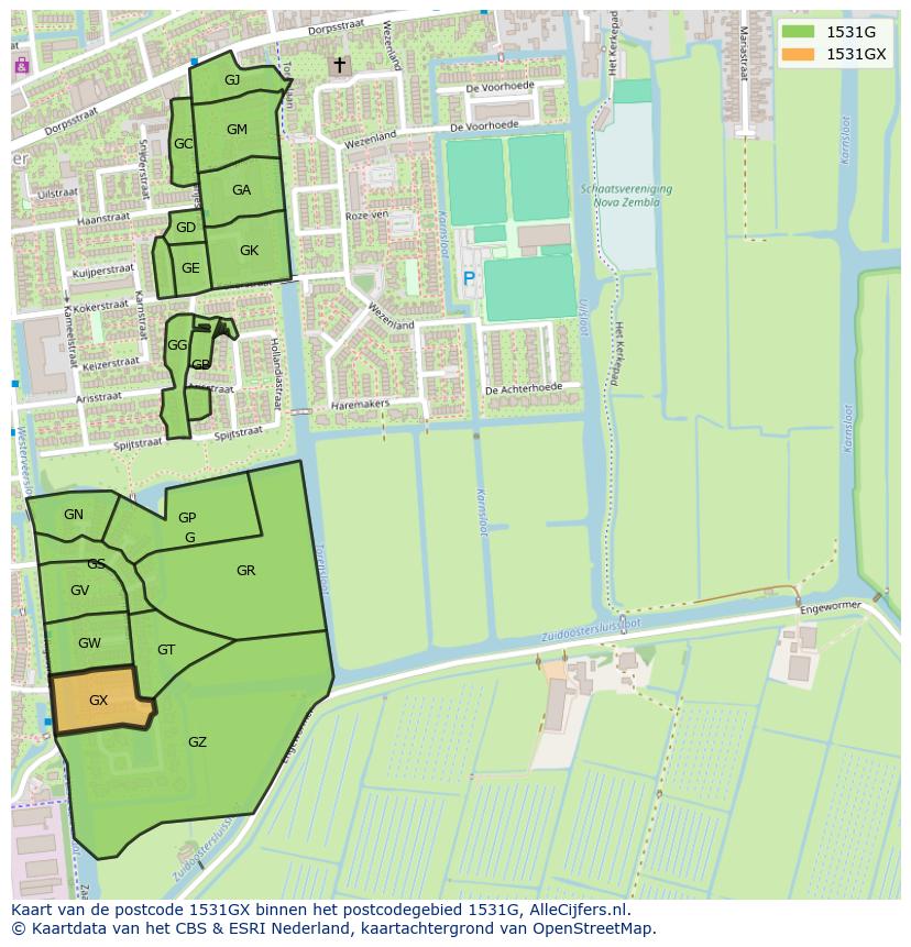 Afbeelding van het postcodegebied 1531 GX op de kaart.