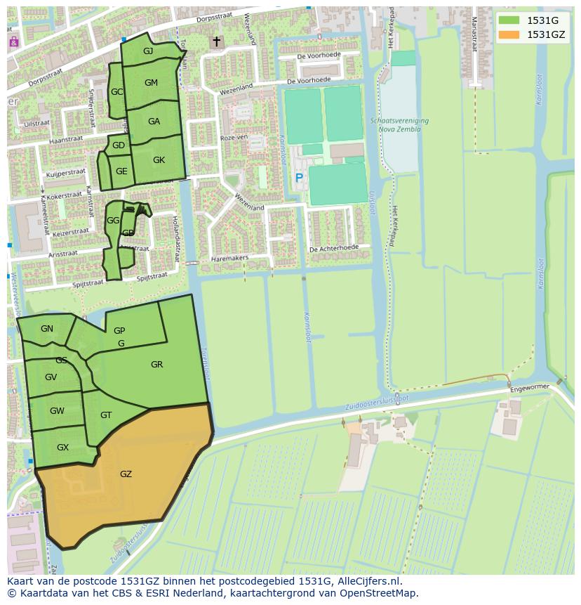 Afbeelding van het postcodegebied 1531 GZ op de kaart.