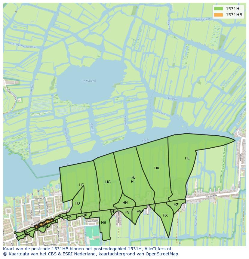 Afbeelding van het postcodegebied 1531 HB op de kaart.