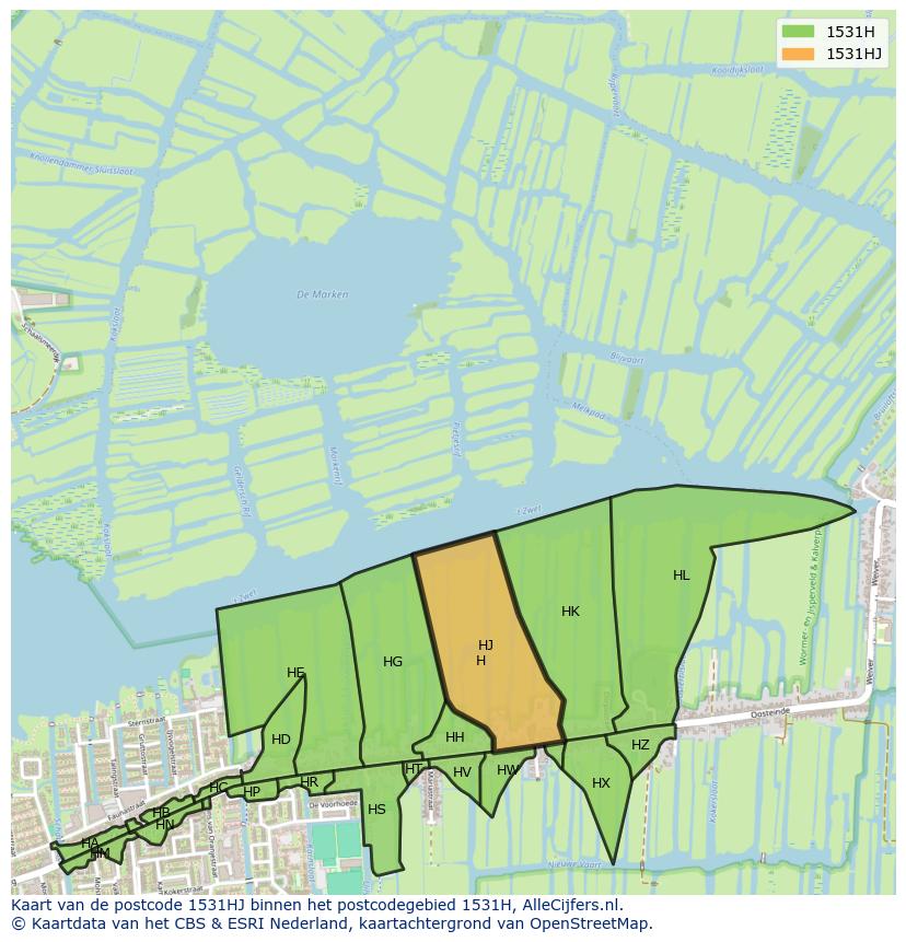 Afbeelding van het postcodegebied 1531 HJ op de kaart.