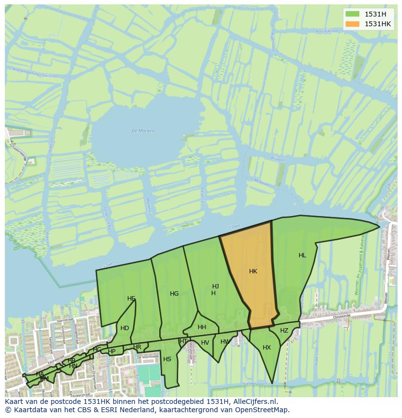 Afbeelding van het postcodegebied 1531 HK op de kaart.