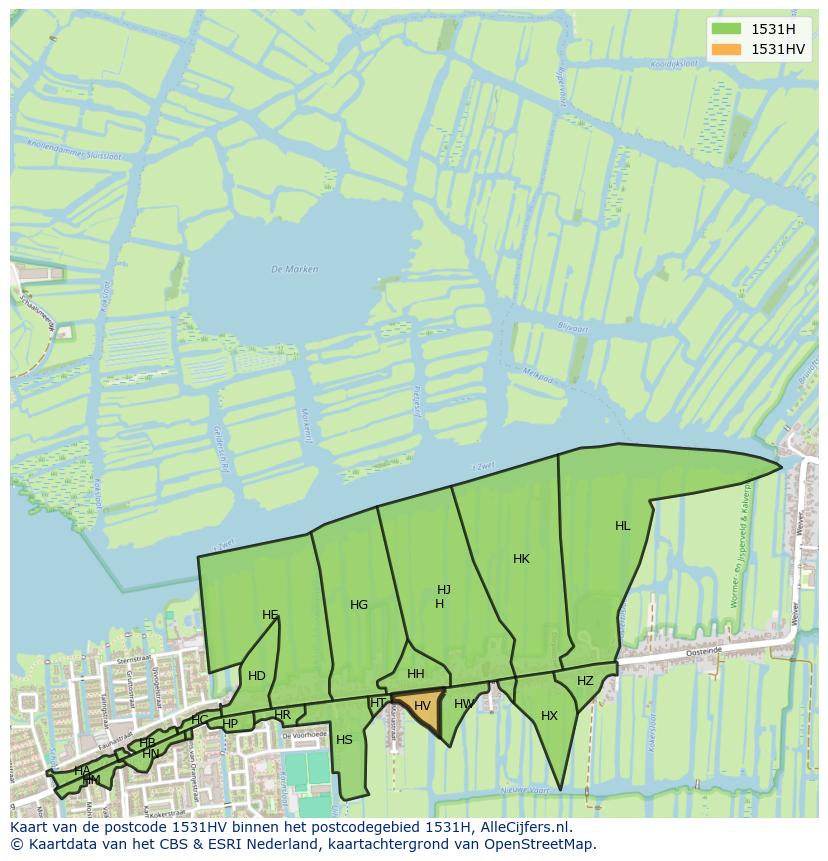 Afbeelding van het postcodegebied 1531 HV op de kaart.