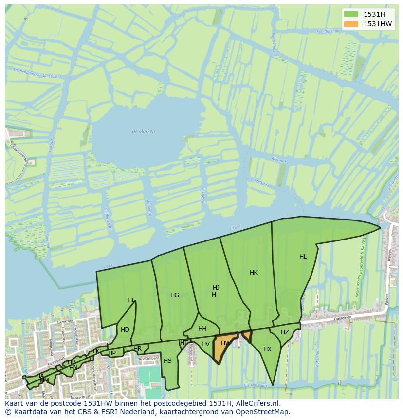 Afbeelding van het postcodegebied 1531 HW op de kaart.