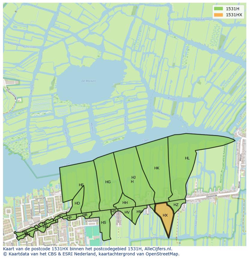 Afbeelding van het postcodegebied 1531 HX op de kaart.