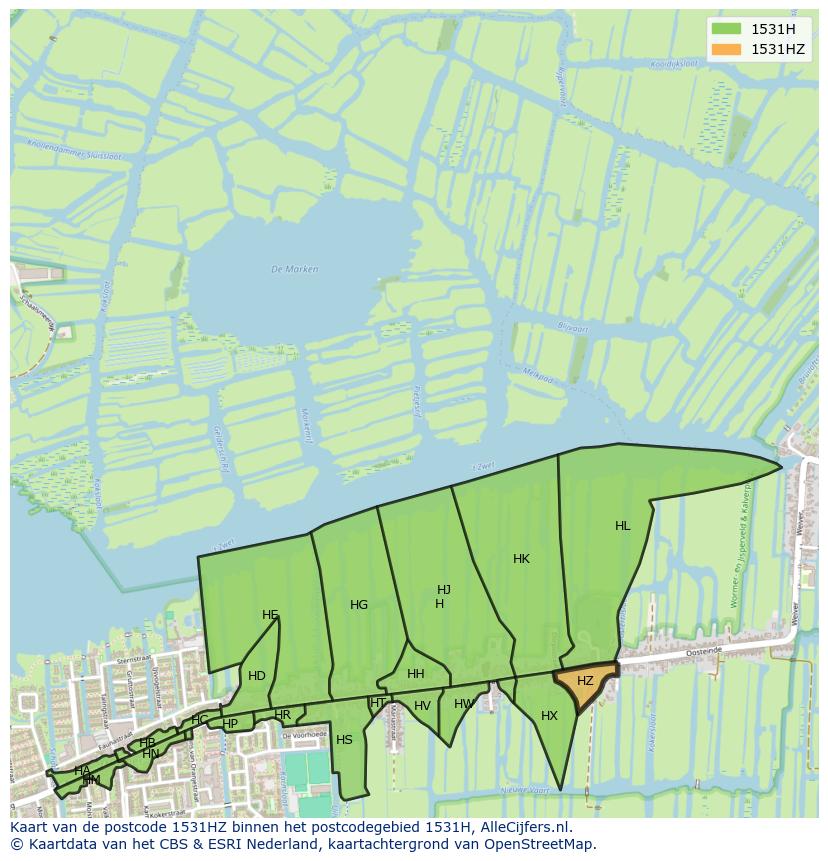 Afbeelding van het postcodegebied 1531 HZ op de kaart.