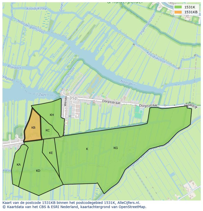 Afbeelding van het postcodegebied 1531 KB op de kaart.