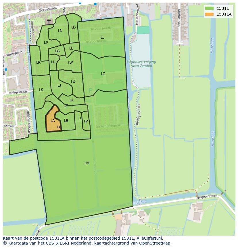 Afbeelding van het postcodegebied 1531 LA op de kaart.